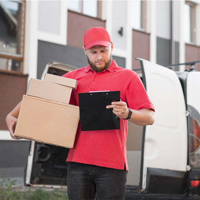 Delivery driver unloading packages from a van