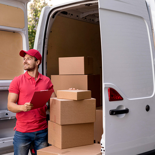 Delivery driver unloading packages from a van